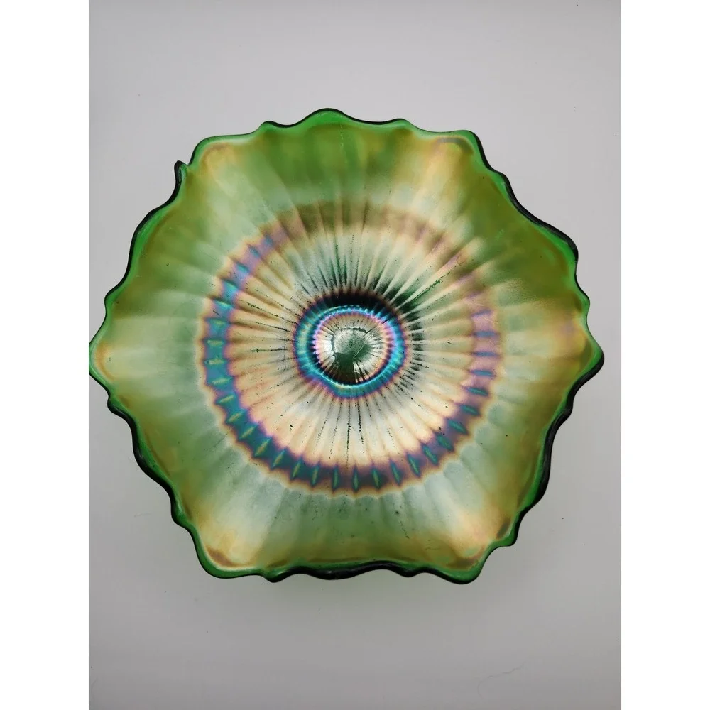 VINTAGE FENTON CARNIVAL GLASS STIPPLED RAYS GREEN / IRIDESCENT 5.4